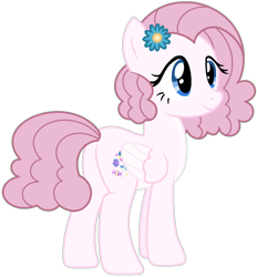 Size: 1056x1136 | Tagged: safe, artist:camomiie, imported from derpibooru, oc, oc only, oc:sugar puff, pegasus, pony, base used, blue eyes, butt, coat markings, colored wings, colored wingtips, eyelashes, female, flower, flower in hair, folded wings, full body, hooves, magical lesbian spawn, mare, offspring, parent:fluttershy, parent:pinkie pie, parents:flutterpie, pegasus oc, plot, show accurate, simple background, smiling, solo, standing, tail, transparent background, wings