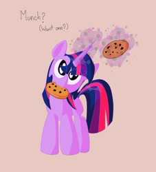 Size: 1385x1523 | Tagged: safe, artist:aragón, imported from derpibooru, twilight sparkle, pony, unicorn, cookie, female, filly, filly twilight sparkle, foal, food, levitation, looking at you, magic, mouth hold, open mouth, pink background, simple background, solo, telekinesis, unicorn twilight, younger