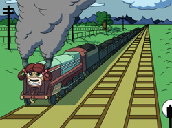 Size: 1024x763 | Tagged: safe, artist:sergeant16bit, imported from derpibooru, yona, cloud, commission, inanimate tf, locomotive, not salmon, steam, train, train tracks, trainified, transformation, tree, vehicle, wat, why