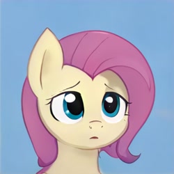 Size: 1024x1024 | Tagged: safe, imported from derpibooru, pony, accidentally a canon character, ai content, ai generated, blue background, bust, done with your shit, female, generator:thisponydoesnotexist, mare, not fluttershy, open mouth, portrait, simple background, solo, tired, unamused
