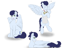Size: 4000x3000 | Tagged: safe, artist:astrum, imported from derpibooru, soarin', pegasus, pony, apron, bowl, clothes, digital art, eyes closed, floating, flying, lidded eyes, looking at you, looking up, lying down, male, mixing bowl, music notes, on side, open mouth, rear view, simple background, sitting, sketch, smiling, solo, spoon, spread wings, stallion, white background, wings
