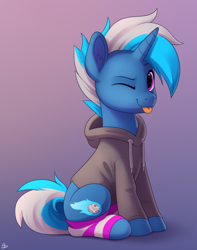 Size: 1500x1900 | Tagged: safe, artist:luminousdazzle, imported from derpibooru, oc, oc only, oc:silver comet, pony, unicorn, :p, clothes, ear fluff, full body, gradient background, hoodie, hooves, horn, leg warmers, magenta eyes, male, one eye closed, signature, sitting, smiling, solo, stallion, tail, three quarter view, tongue out, two toned mane, two toned tail, unicorn oc, wink