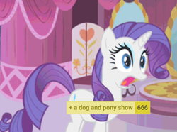 Size: 1167x866 | Tagged: safe, imported from derpibooru, rarity, pony, unicorn, derpibooru, a dog and pony show, 666, carousel boutique, eyeshadow, horn, makeup, meta, open mouth, purple mane, surprised, tags, text