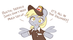Size: 650x360 | Tagged: safe, artist:higgly-chan, imported from derpibooru, derpy hooves, ditzy doo, pegasus, pony, clothes, cute, derpabetes, dialogue, female, joke, looking at you, mailmare, mailpony, mailpony uniform, no pupils, pun, simple background, smiling, solo, spread wings, uniform, white background, wings