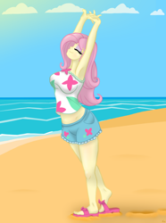 Size: 1280x1718 | Tagged: safe, artist:lennondash, imported from derpibooru, fluttershy, equestria girls, equestria girls series, spring breakdown, spoiler:eqg series (season 2), beach, breasts, busty fluttershy, eyes closed, female, geode of fauna, magical geodes, midriff, ocean, sandals, solo, stretching, sunbathing, water