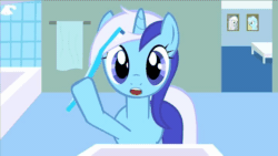 Size: 720x405 | Tagged: safe, artist:jacob kitts, imported from derpibooru, minuette, pony, unicorn, absurd file size, absurd gif size, animated, blinking, blue eyes, brushie brushie, female, gif, hoof hold, hooves, horn, looking at you, mare, open mouth, smiling, smiling at you, solo, talking, toothbrush, two toned mane, youtube link