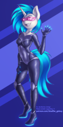 Size: 600x1200 | Tagged: safe, artist:shad0w-galaxy, imported from derpibooru, dj pon-3, vinyl scratch, anthro, plantigrade anthro, unicorn, belly button, bodysuit, breasts, clothes, female, hand on hip, horn, mare, neon, patreon, simple background, smiling, solo, thighs, tight clothing, visor, waving