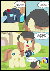 Size: 2039x2894 | Tagged: safe, artist:kunoichipikachu, imported from derpibooru, oc, oc:cuteamena, oc:electric blue, unnamed oc, pony, camera, clothes, comic, commission, electricute, hat, paparazzi, ponyville, scheming, skirt, thought bubble
