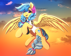 Size: 2275x1786 | Tagged: safe, alternate version, artist:ask-colorsound, imported from derpibooru, oc, oc only, oc:jeppesen, pegasus, pony, braid, braided tail, clothes, cloud, commission, cute, feather, female, flight suit, flower, flower in hair, looking at you, mare, multicolored hair, necktie, pegasus oc, pilot, purple eyes, sky, solo, spread wings, sunset, tail, twin braids, uniform, wings, ych result, yellow fur