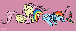 Size: 2919x1206 | Tagged: safe, artist:purblehoers, imported from derpibooru, fluttershy, rainbow dash, pegasus, pony, cider, cute, drunk, drunker dash, duo, eyes closed, female, go home you're drunk, happy, mare, passed out, pink background, simple background, sleeping, smiling, sniffing