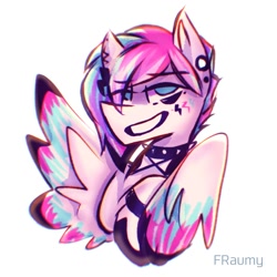 Size: 1500x1500 | Tagged: safe, artist:fraumflug, imported from derpibooru, part of a set, zipp storm, pegasus, pony, my little pony: the movie, bust, choker, ear piercing, eye clipping through hair, female, g5, lidded eyes, mare, piercing, simple background, smiling, solo, spiked choker, white background, wings