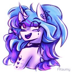 Size: 1500x1500 | Tagged: safe, artist:fraumflug, imported from derpibooru, part of a set, izzy moonbow, pony, unicorn, bust, choker, ear piercing, eye clipping through hair, female, g5, makeup, mare, my little pony: a new generation, open mouth, open smile, piercing, simple background, smiling, solo, white background