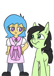 Size: 1000x1414 | Tagged: safe, artist:happy harvey, imported from derpibooru, oc, oc only, oc:filly anon, oc:little league, earth pony, human, pony, equestria girls, bow, clothes, colored pupils, dress, ear fluff, earth pony oc, female, filly, foal, humanized, looking at each other, looking at someone, looking down, looking sideways, looking up, phone drawing, pink dress, shoes, simple background, smiling, stockings, thigh highs, transparent background, unamused