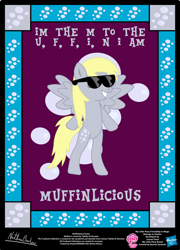 Size: 758x1054 | Tagged: safe, artist:strykarispeeder, imported from derpibooru, part of a set, derpy hooves, pegasus, pony, bipedal, female, mare, muffinlicious, solo, sunglasses, that one nameless background pony we all know and love, twilightlicious