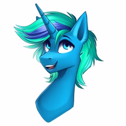 Size: 3543x3543 | Tagged: safe, artist:buvanybu, imported from derpibooru, oc, oc only, pony, unicorn, bust, high res, horn, open mouth, open smile, portrait, simple background, smiling, solo, two toned mane, unicorn oc, white background