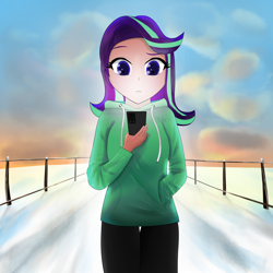 Size: 4000x4000 | Tagged: safe, artist:toffrox, imported from derpibooru, starlight glimmer, equestria girls, clothes, cloud, female, fence, hand in pocket, human coloration, phone, sky, snow, solo, sunset, sweater