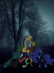 Size: 900x1200 | Tagged: safe, artist:willyvwj, imported from derpibooru, discord, nightmare moon, queen chrysalis, alicorn, changeling, changeling queen, draconequus, pony, antagonist, female, irl, male, photo