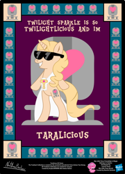 Size: 758x1054 | Tagged: safe, artist:strykarispeeder, imported from derpibooru, part of a set, oc, oc only, oc:taralicious, pony, unicorn, bipedal, female, mare, sunglasses, tara strong, twilightlicious