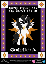 Size: 758x1054 | Tagged: safe, artist:strykarispeeder, imported from derpibooru, part of a set, oc, oc only, oc:nicole, alicorn, pony, alicorn oc, bipedal, caption, horn, image macro, nicole oliver, nicolelicious, sunglasses, text, twilightlicious, wings