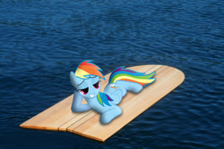 Size: 1600x1067 | Tagged: safe, artist:willyvwj, imported from derpibooru, rainbow dash, pegasus, pony, bedroom eyes, draw me like one of your french girls, female, folded wings, grin, hooves, irl, lying down, mare, outdoors, photo, ponies in real life, prone, smiling, solo, water, wings