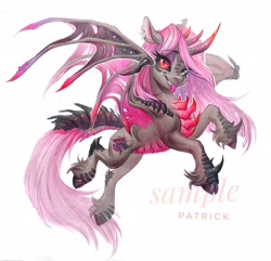 Size: 2048x1978 | Tagged: safe, artist:paipaishuaige, imported from derpibooru, oc, oc only, dracony, dragon, hybrid, black sclera, grin, horns, looking at you, raspberry, sharp teeth, smiling, solo, spread wings, teeth, tongue out, traditional art, webbed wings, wings