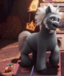 Size: 300x354 | Tagged: safe, imported from derpibooru, screencap, armadillo, pony, unicorn, spoiler:my little pony: a new generation, alphabittle blossomforth, animated, beanbag chair, beard, cropped, crystal tea room, dance dance revolution, excited, facial hair, g5, gif, happy, jumping, just prance, male, my little pony: a new generation, smiling, smug, stallion, standing, stomping, wiggle
