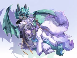 Size: 2224x1668 | Tagged: safe, artist:qamar, imported from derpibooru, oc, oc only, dracony, dragon, hybrid, pony, black sclera, butt, cuddling, hug, plot, smiling, spread wings, underhoof, webbed wings, wings