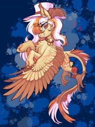 Size: 1620x2160 | Tagged: safe, artist:paipaishuaige, imported from derpibooru, oc, oc only, hybrid, pony, chest fluff, choker, clock, colored wings, colored wingtips, flying, hat, leonine tail, looking at you, smiling, spread wings, tail, talons, wings