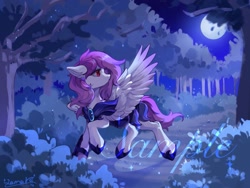 Size: 2133x1600 | Tagged: safe, artist:qamar, imported from derpibooru, oc, oc only, pegasus, pony, armor, forest, full moon, moon, solo, spread wings, watermark, wings