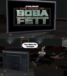 Size: 3840x4323 | Tagged: safe, artist:mr-wolfapex, imported from derpibooru, oc, oc only, oc:kurt marek (electro-crit), anthro, 3d, boba fett, book of boba fett, couch, dialogue, star wars, television