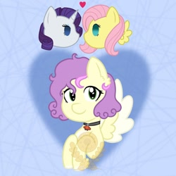 Size: 1080x1080 | Tagged: safe, artist:alkane.adopts, imported from derpibooru, fluttershy, rarity, oc, oc:atlas allure, pegasus, pony, abstract background, choker, female, flarity, floating heart, heart, lesbian, looking at you, magical lesbian spawn, obtrusive watermark, offspring, parent:fluttershy, parent:rarity, parents:flarity, shipping, spread wings, watermark, wings