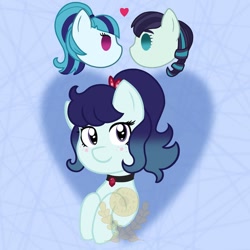 Size: 1080x1080 | Tagged: safe, artist:alkane.adopts, imported from derpibooru, coloratura, sonata dusk, oc, oc:showtime, pony, abstract background, choker, crack ship offspring, equestria girls ponified, female, floating heart, gem, heart, lesbian, looking at you, magical lesbian spawn, obtrusive watermark, offspring, parent:coloratura, parent:sonata dusk, ponified, rara, shipping, siren gem, watermark