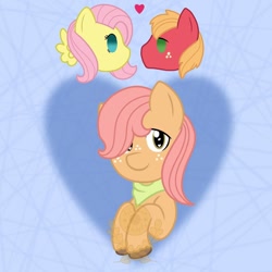 Size: 1080x1080 | Tagged: safe, artist:alkane.adopts, imported from derpibooru, big macintosh, fluttershy, oc, oc:jonagold, earth pony, pegasus, pony, abstract background, bandana, female, floating heart, fluttermac, freckles, heart, looking at you, male, obtrusive watermark, offspring, parent:big macintosh, parent:fluttershy, parents:fluttermac, shipping, straight, watermark