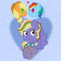 Size: 1080x1080 | Tagged: safe, artist:alkane.adopts, imported from derpibooru, applejack, rainbow dash, oc, oc:zap rockit, earth pony, pegasus, pony, abstract background, appledash, applejack's hat, cowboy hat, female, floating heart, freckles, goggles, hat, heart, lesbian, looking at you, magical lesbian spawn, obtrusive watermark, offspring, parent:applejack, parent:rainbow dash, parents:appledash, shipping, spread wings, watermark, wings