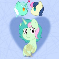 Size: 1080x1080 | Tagged: safe, artist:alkane.adopts, imported from derpibooru, bon bon, lyra heartstrings, sweetie drops, oc, oc:berry bard, earth pony, pony, unicorn, abstract background, female, floating heart, heart, lesbian, looking at you, lyrabon, magical lesbian spawn, obtrusive watermark, offspring, parent:bon bon, parent:lyra heartstrings, parents:lyrabon, shipping, watermark