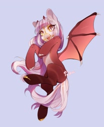 Size: 1689x2048 | Tagged: safe, artist:fedos, imported from derpibooru, oc, oc only, demon, demon pony, pony, flying, horns, muzzle, open mouth, slit pupils, smiling, solo, spread wings, webbed wings, wings