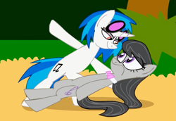 Size: 1129x779 | Tagged: safe, artist:animatedjames, imported from derpibooru, dj pon-3, octavia melody, vinyl scratch, earth pony, pony, unicorn, a tropical octav3, bedroom eyes, bipedal, bowtie, confused, dancing, female, mare, scratchtavia, shipping, tango