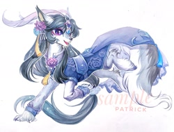 Size: 2208x1678 | Tagged: safe, artist:paipaishuaige, imported from derpibooru, oc, oc only, earth pony, hybrid, wolf, clothes, flower, flower in hair, jewelry, pendant, smiling, solo, traditional art, unshorn fetlocks