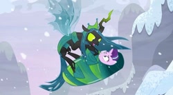 Size: 827x455 | Tagged: safe, imported from derpibooru, screencap, queen chrysalis, starlight glimmer, changeling, changeling queen, pony, season 9, the ending of the end, spoiler:s09, cocoon, duo, duo female, fangs, female, flying, frown, insect wings, looking at each other, looking at someone, mare, open mouth, open smile, smiling, spread wings, teeth, ultimate chrysalis, wings