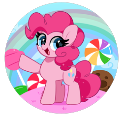 Size: 4984x4712 | Tagged: safe, artist:kittyrosie, imported from derpibooru, pinkie pie, earth pony, pony, candy, cookie, cute, diapinkes, food, lollipop, looking at you, open mouth, rainbow, raised hoof, simple background, solo, starry eyes, transparent background, waving, wingding eyes