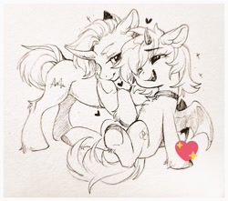Size: 1024x904 | Tagged: safe, artist:paipaishuaige, imported from derpibooru, oc, oc only, bat pony, pony, unicorn, chest fluff, choker, cuddling, curved horn, heart, horn, lidded eyes, smiling, traditional art