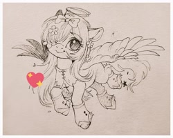 Size: 1024x820 | Tagged: safe, artist:paipaishuaige, imported from derpibooru, oc, oc only, pegasus, pony, bow, cuffs, flower, flower in hair, flying, hair bow, hair over one eye, halo, heart, looking at you, smiling, solo, spread wings, traditional art, wings