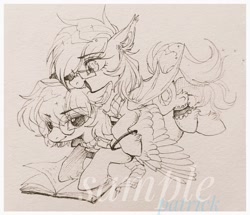 Size: 1024x882 | Tagged: safe, artist:paipaishuaige, imported from derpibooru, oc, oc only, oc:sunset cloudy, bat pony, pegasus, pony, book, commission, garter, glasses, happy, open mouth, smiling, sparkles, spread wings, traditional art, watermark, wings