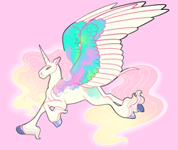 Size: 2600x2200 | Tagged: safe, artist:loryska, imported from derpibooru, oc, alicorn, pony, cloven hooves, magical threesome spawn, male, multiple parents, offspring, parent:princess celestia, parent:rainbow dash, parent:tantabus, pink background, simple background, solo, stallion, unshorn fetlocks