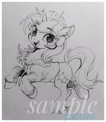 Size: 1778x2048 | Tagged: safe, artist:paipaishuaige, imported from derpibooru, pony, unicorn, chest fluff, clothes, commission, grin, headset, hoodie, looking at you, smiling, solo, traditional art, watermark