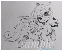 Size: 2048x1660 | Tagged: safe, artist:paipaishuaige, imported from derpibooru, oc, oc only, pegasus, pony, chest fluff, commission, flying, looking at you, smiling, spread wings, traditional art, watermark, wings