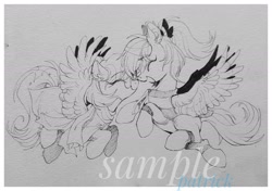 Size: 2109x1482 | Tagged: safe, artist:paipaishuaige, imported from derpibooru, oc, oc only, pony, boop, commission, eyes closed, flying, happy, noseboop, smiling, spread wings, traditional art, watermark, wings