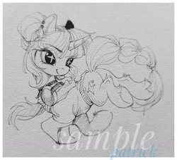 Size: 2048x1858 | Tagged: safe, artist:paipaishuaige, imported from derpibooru, oc, oc only, pony, unicorn, choker, clothes, commission, headphones, hoodie, looking back, smiling, solo, traditional art, watermark