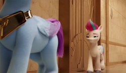 Size: 1400x804 | Tagged: safe, imported from derpibooru, screencap, zipp storm, pegasus, pony, spoiler:my little pony: a new generation, cropped, eyes on the prize, female, g5, guardsmare, lesbian, looking at butt, mare, my little pony: a new generation, out of context, pegasus royal guard, royal guard, smiling, zoom zephyrwing