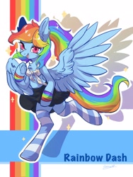 Size: 1668x2224 | Tagged: safe, artist:qamar, imported from derpibooru, rainbow dash, anthro, pegasus, unguligrade anthro, adorasexy, arm hooves, chest fluff, clothes, cute, front knot midriff, looking at you, midriff, sexy, skirt, smiling, socks, spread wings, stockings, striped socks, stupid sexy rainbow dash, thigh highs, wings, zettai ryouiki